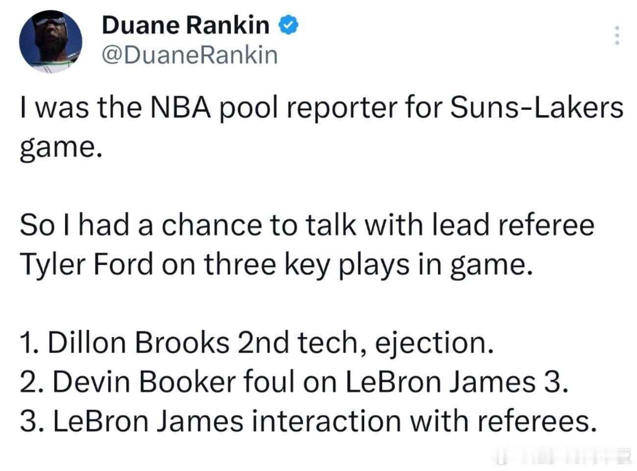 太阳记者Duane Rankin赛后向本场主裁判Tyler Ford提问了几个问