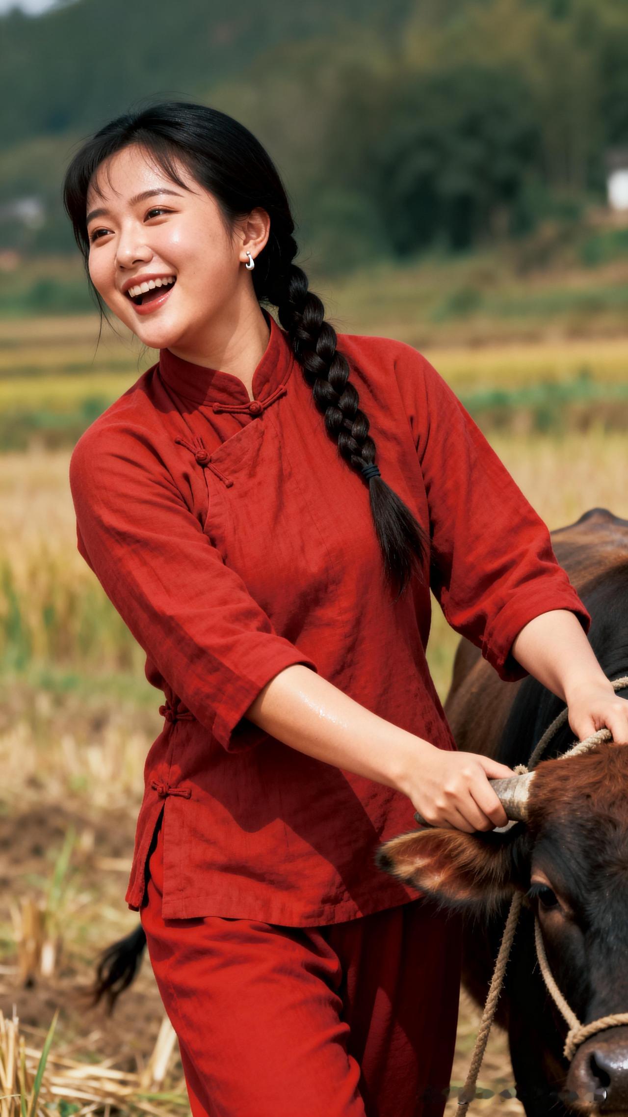95后被这组乡土写真狠狠戳中！红衫姑娘牵着老黄牛站在金黄稻田里，笑靥明媚得晃眼，