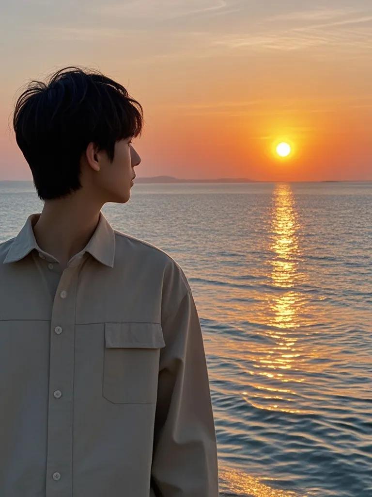 站在海边，望着夕阳渐渐沉入大海，海水被染成了橙红色。那波光粼粼的海面，与夕阳的余