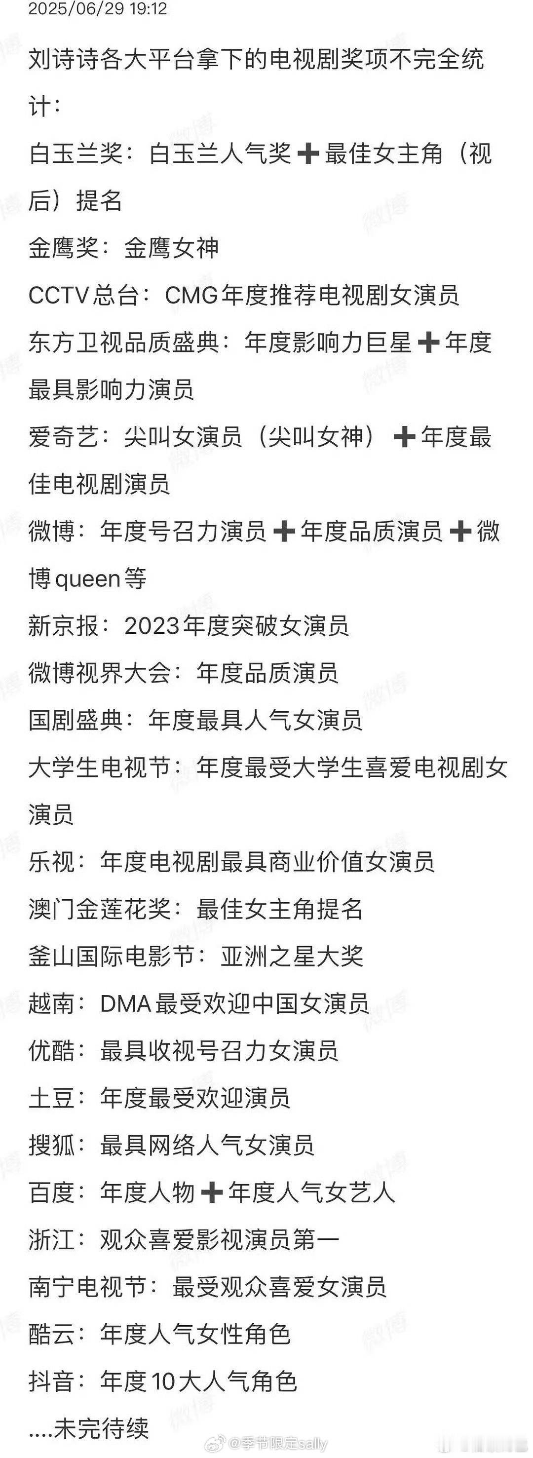 刘诗诗各大平台拿下的电视剧奖项不完全统计🈶 ​​​