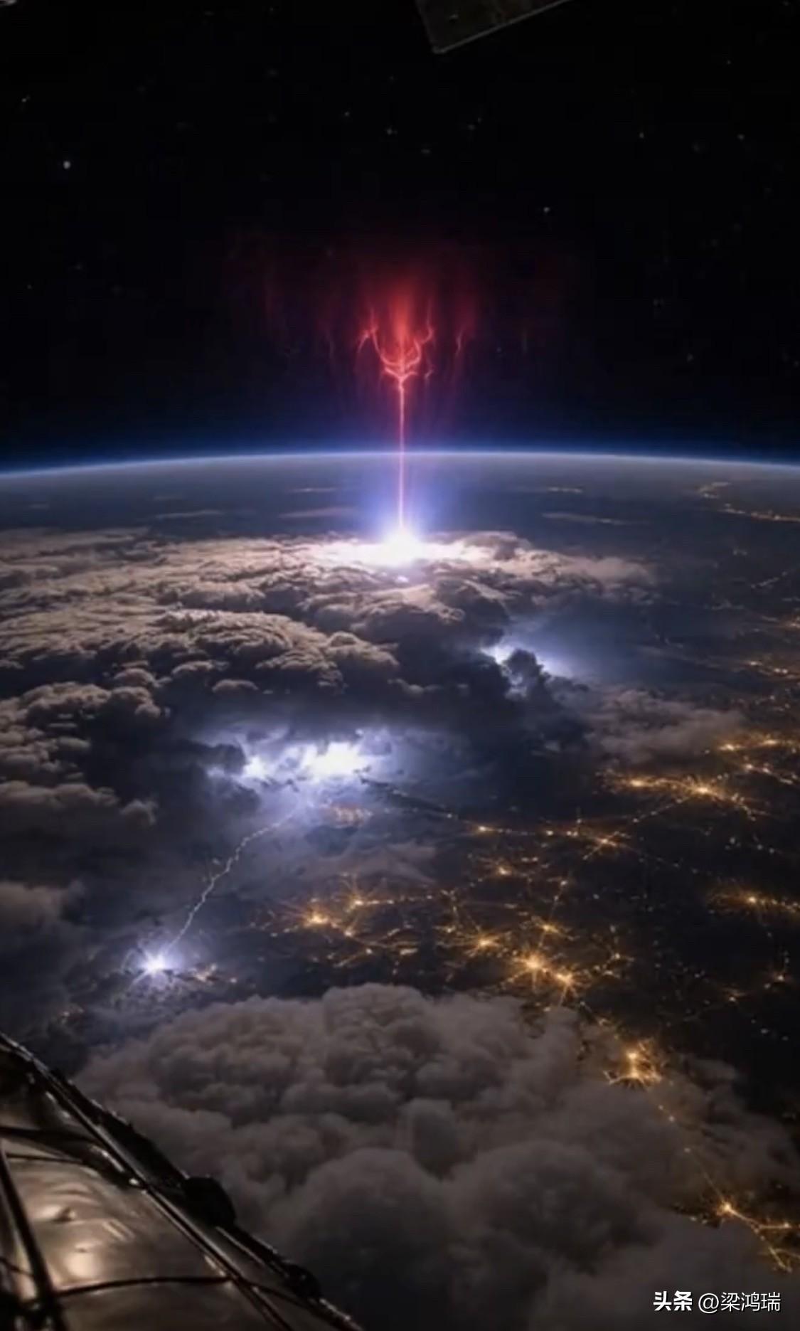 这张照片展示了从国际空间站（ISS）观察到的一种极为罕见的巨大喷流（Gigant