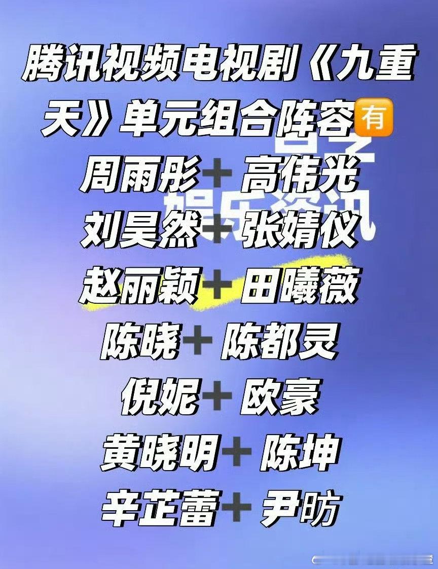 九重天腾讯电视剧《九重天》11月开机九个单元   导演/编剧：徐兵（欢颜），阵容