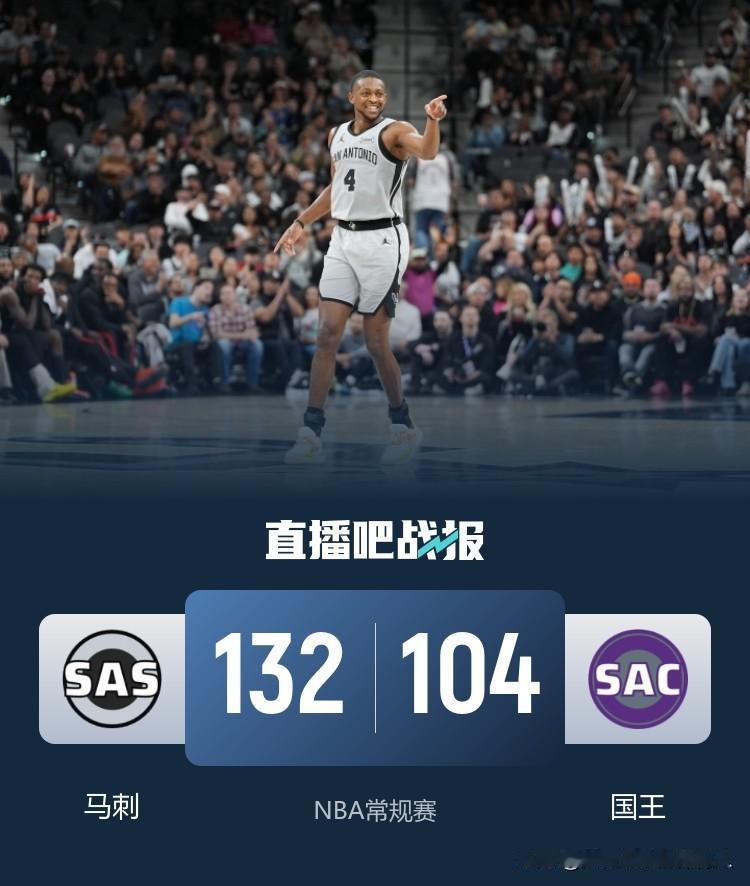 NBA常规赛马刺客场132:104大胜国王迎来三连胜，马刺近21战豪取19胜继续