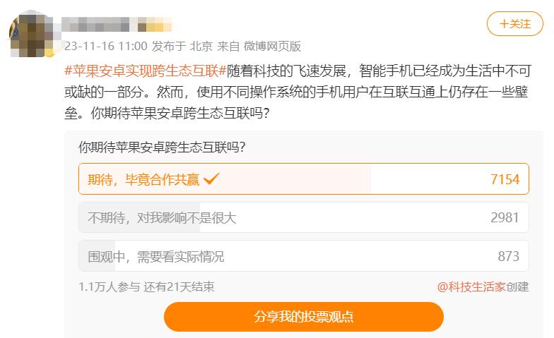 在网友发起的一次关于“你期待苹果安卓跨生态互联吗？”投票中，有将近7成的网友都选