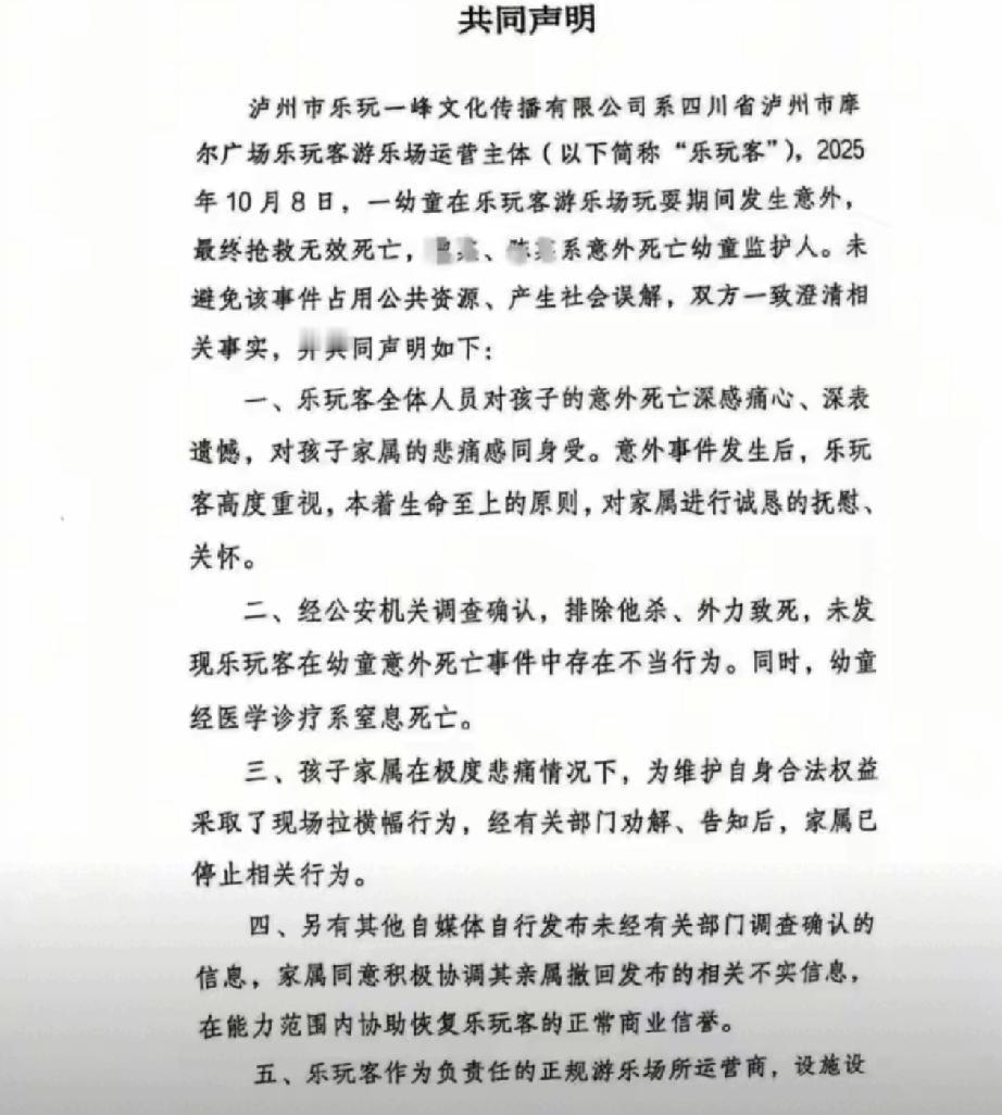 近日，四川省泸州市江阳区乐玩客潮玩城（泸州大世界店）发生一起儿童死亡事件，引发社