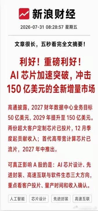 利好！重磅利好！AI 芯片加速突破，冲击150 亿美元的全新增量市场。两份超大客