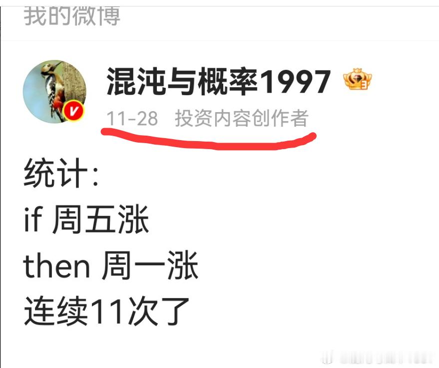 上周五统计，if周五涨，then周一涨，连续11次。本周一，第12次。今天又是周