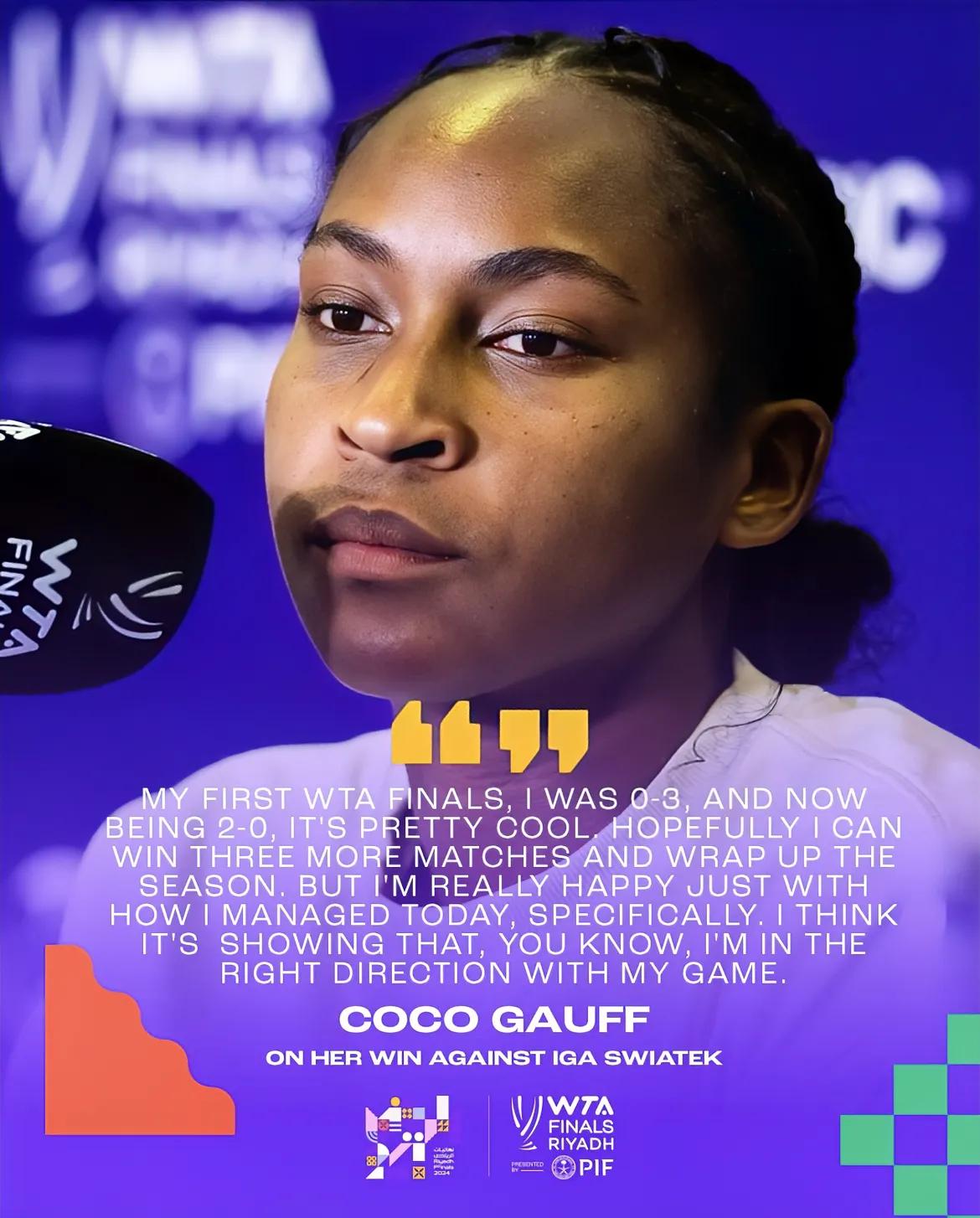 高芙在赛后采访中说我第一次参加年终总决赛0:3，这次2:0，很酷。希望能赢第三场