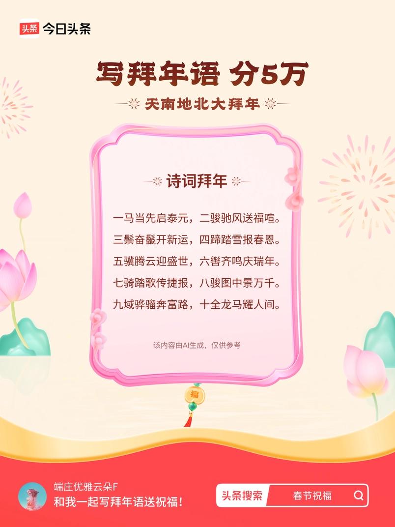 写拜年语送祝福新春拜年送祝福！我的祝福是：“一马当先启泰元，二骏驰风送福喧。三鬃