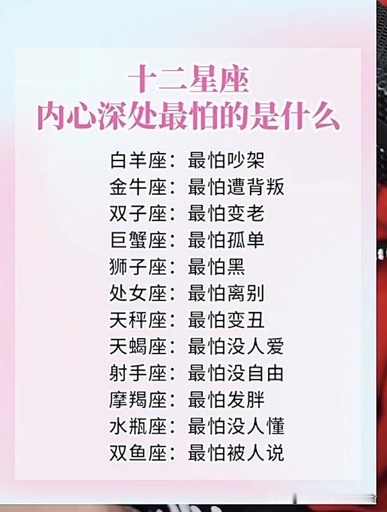十二星座最恐惧什么？
都说星座和性格有关，那不同星座内心深处最深的恐惧也各有不同