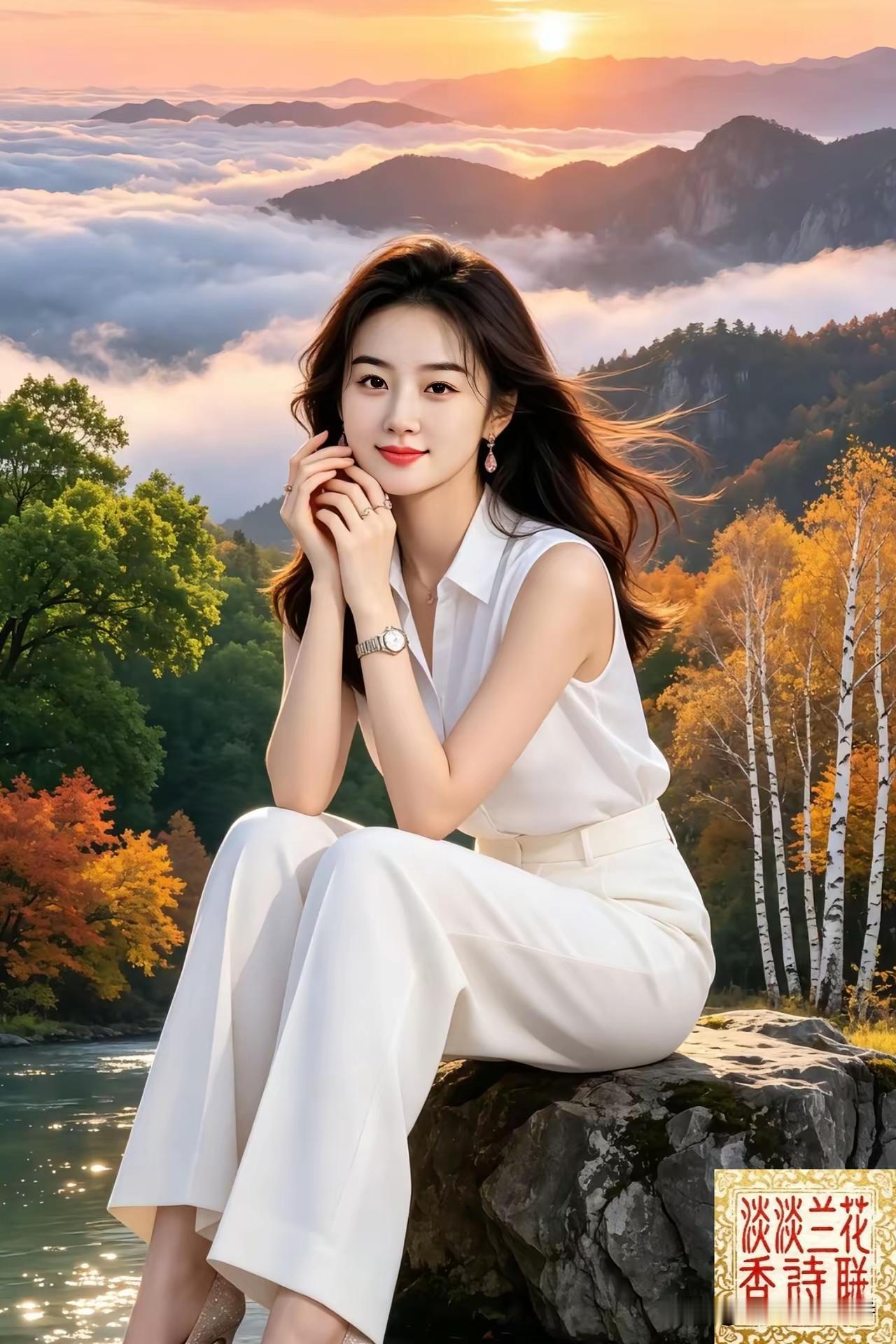 这位美女坐在山头欣赏风景。