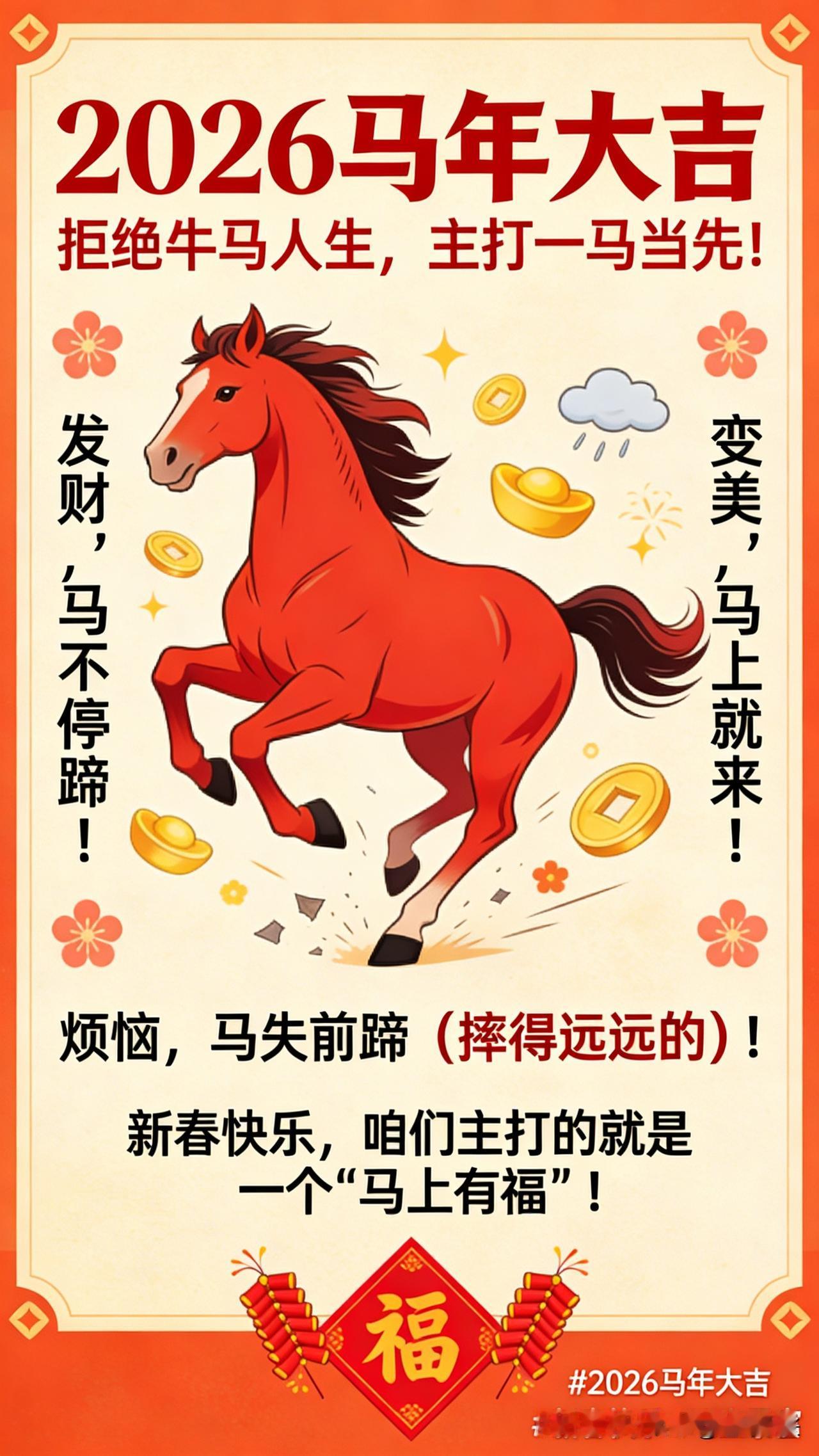 祝大家：
发财，马不停蹄！
变美，马上就来！
烦恼，马失前蹄（摔得远远的）！
新