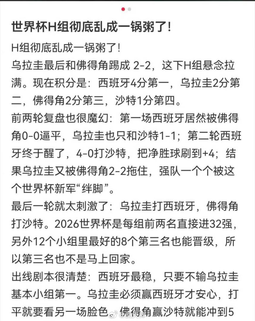 世界杯H组乱成一锅粥2026年美加墨世界杯H组出线形势极度混乱，“人人有机会，个