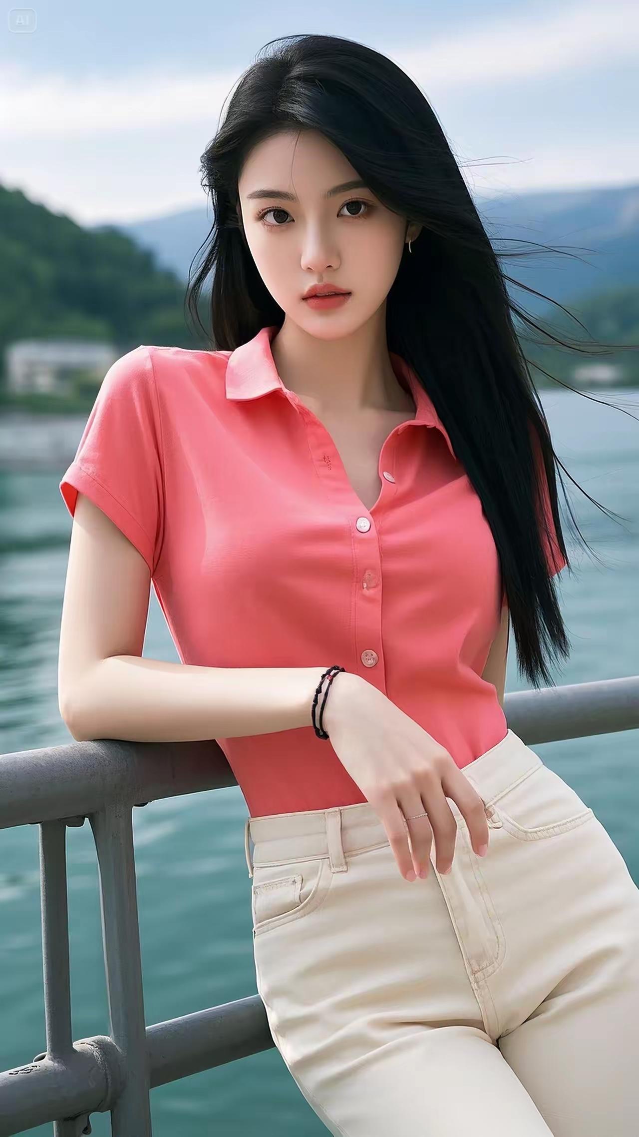 夏日少女风，粉色衬衫搭配白色牛仔裤，清新自然，阳光下的美好时光。