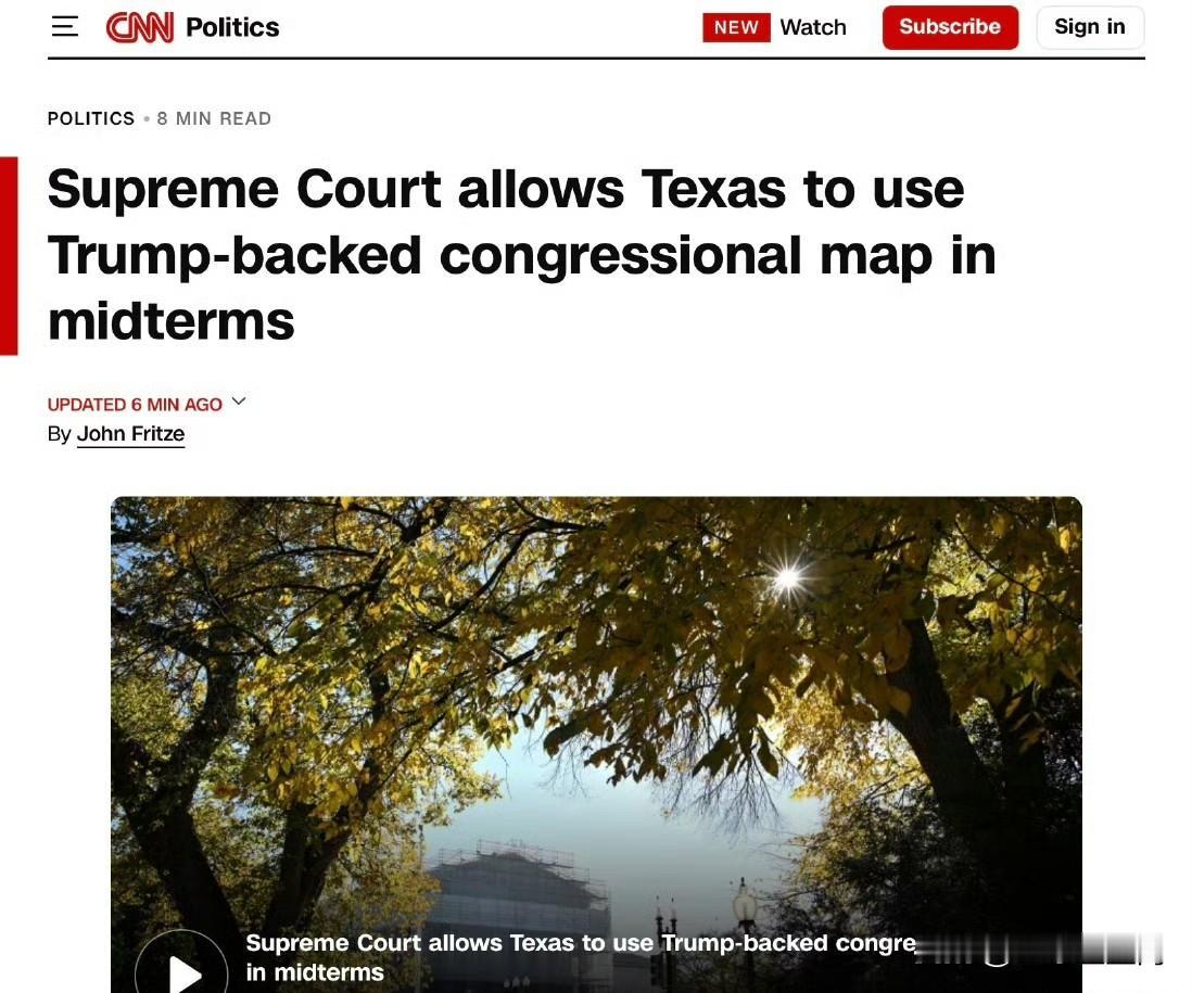 週四，最高法院以6-3允許德州使用新的國會選區地圖，這將有助於川普總統維持共和黨