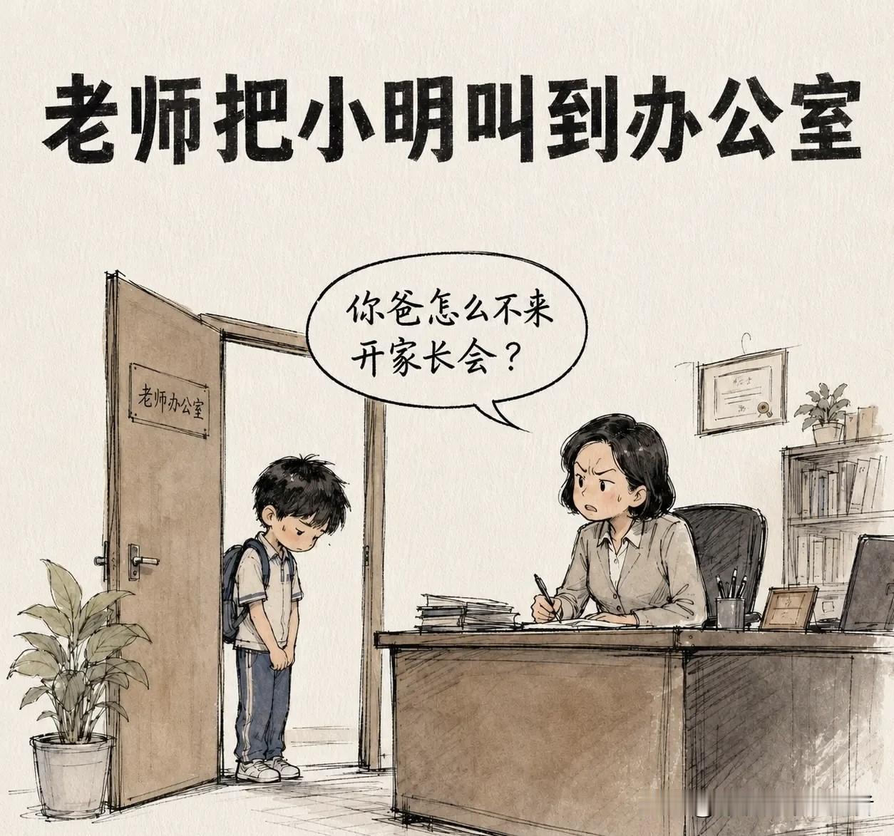 趣味漫画：老师把小明叫到办公室：「你爸怎么不来开家长会？」小明低头：「他说他忙。