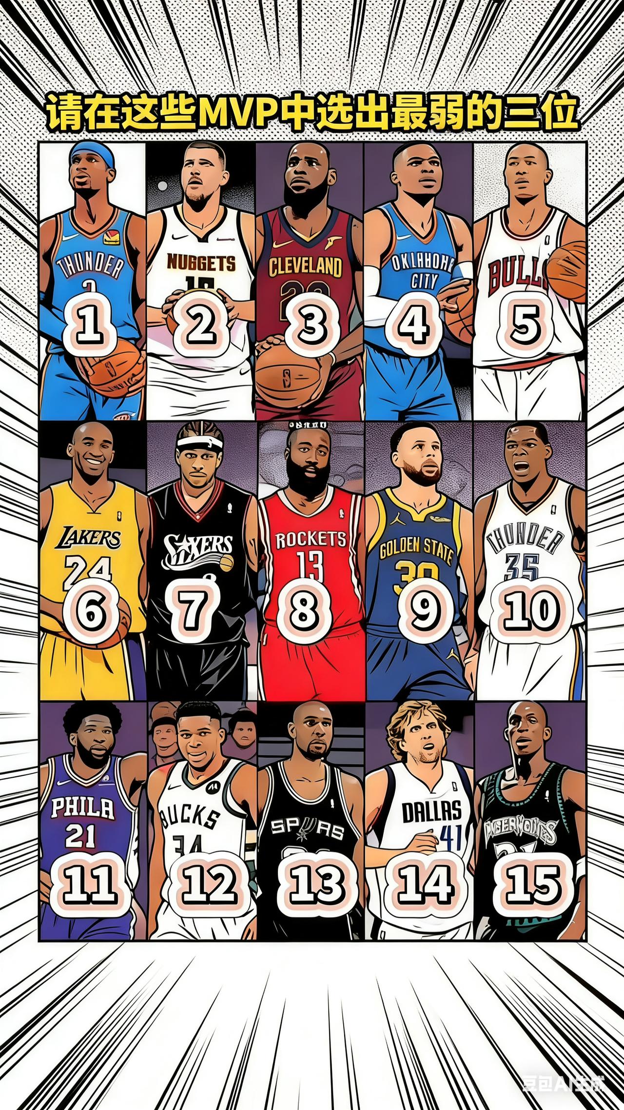 从这15位MVP中选出12人组成一支球队，哪三人会被淘汰呢？
首先，他们能当选当
