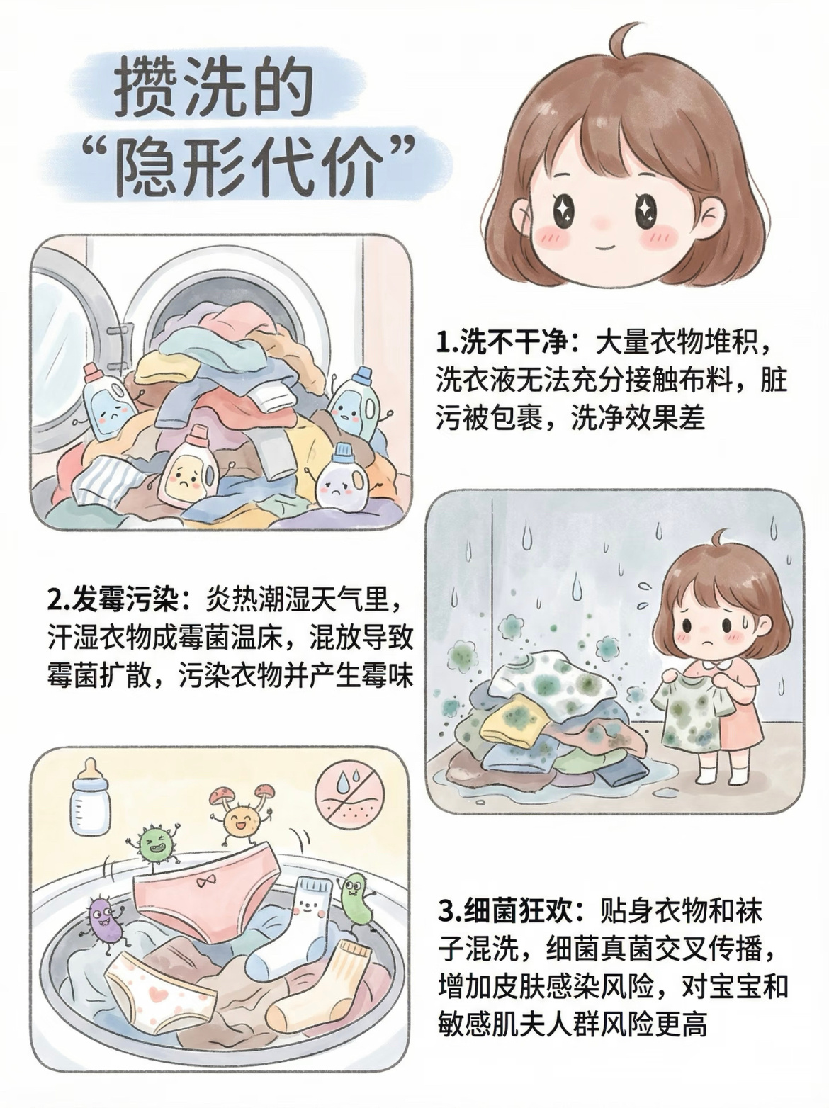 建议大家衣服不要攒一起洗 大批衣物攒一起洗，很难嚷洗衣液充分接触到衣物，容易清洗