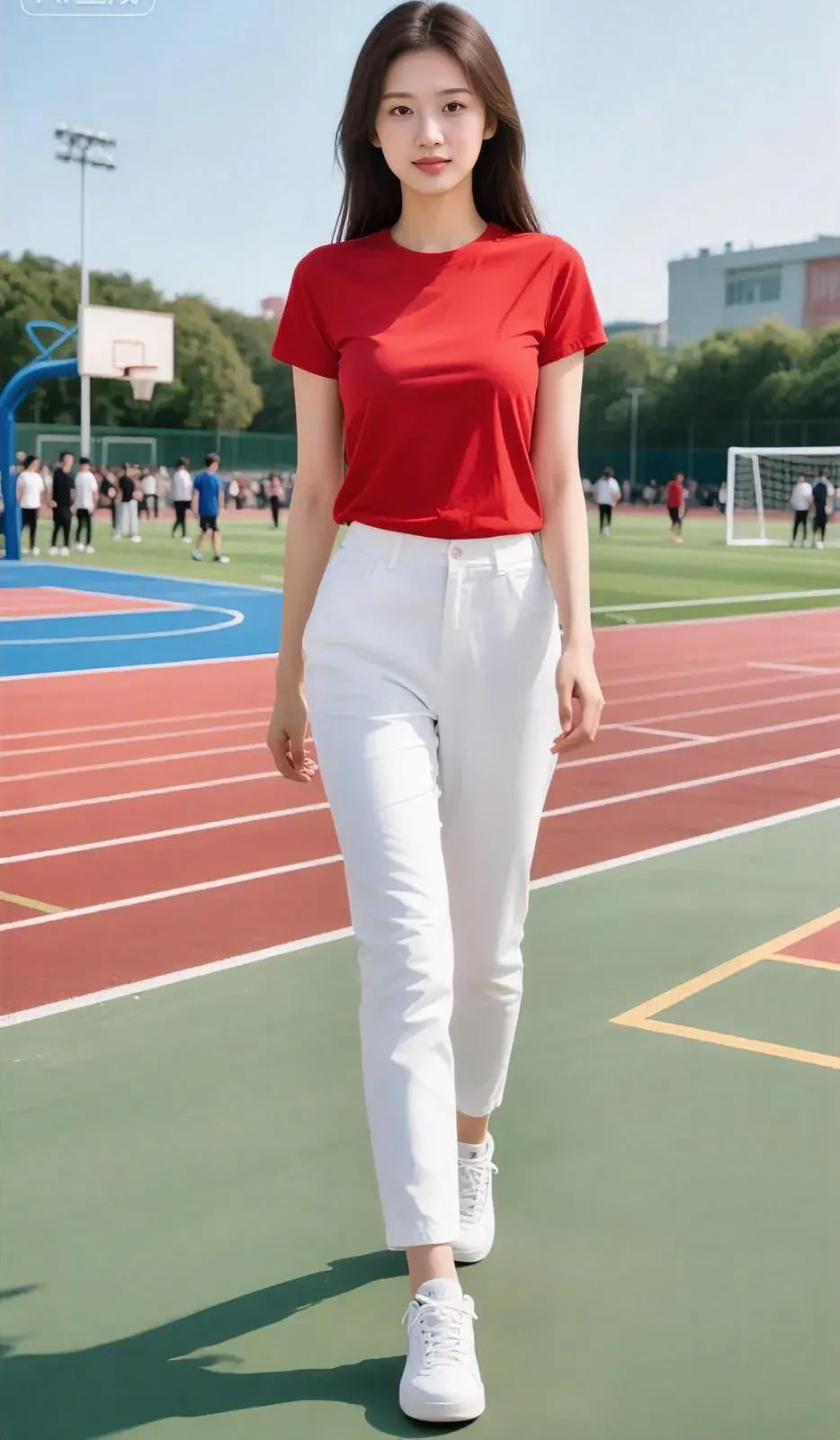 阳光正好的校园操场，红色短袖与白色长裤撞出清爽活力，白色球鞋轻踏在红绿相间的场地