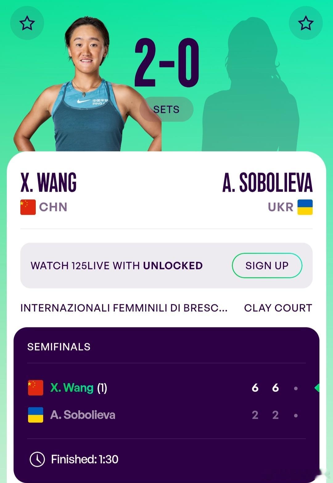 WTA125布雷西亚站🇮🇹女单半决赛头号种子王曦雨🇨🇳6-2/6-2战胜