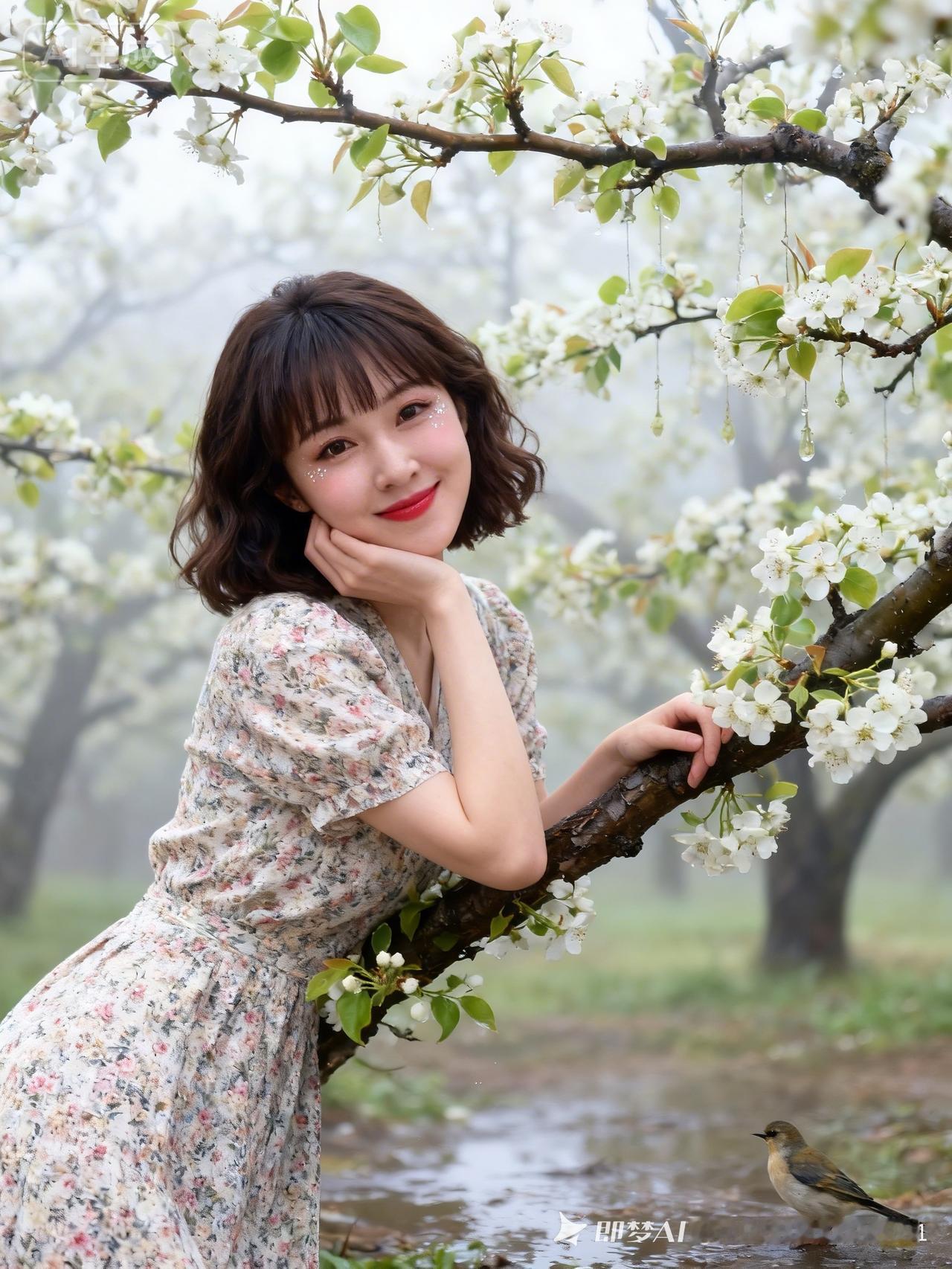 软萌甜妹五官精致，大眼长睫，淡颜粉腮水润红唇配闪片。深棕齐肩微卷发，着碎花裙，侧