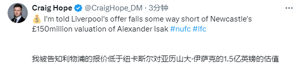 奥恩斯坦：纽卡斯尔已拒绝利物浦对中锋亚历山大·伊萨克的正式报价。[达咩]利物浦此