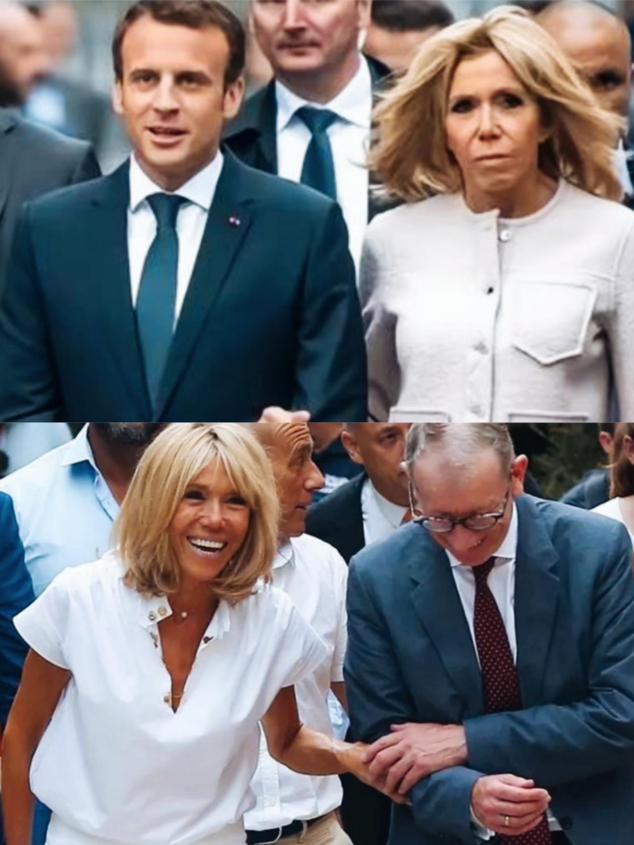 马克龙妻子布丽吉特的笑容和严肃形成了鲜明对比啊！
布丽吉特和马克龙在一起时，表情