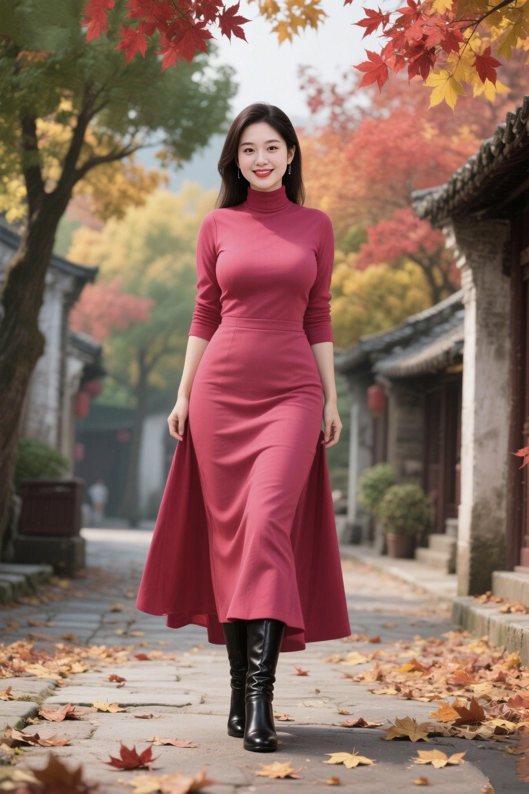 《巷口枫红》
 
一袭胭脂红裙裁作秋的信笺
高领拢住半缕微凉的风
 
裙摆在青石