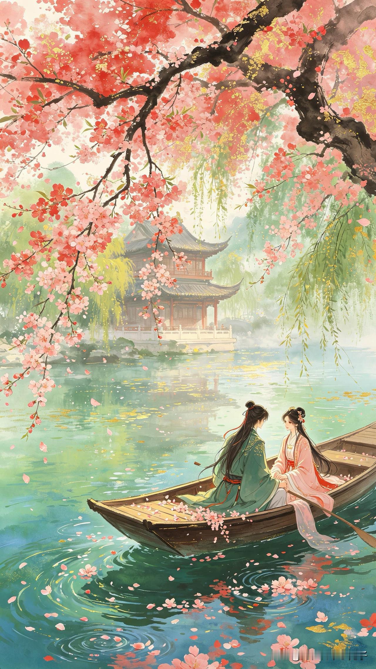 一树夭红映碧流，
暖波微漾送轻舟。
莫言春水无消息，
      
…………请师