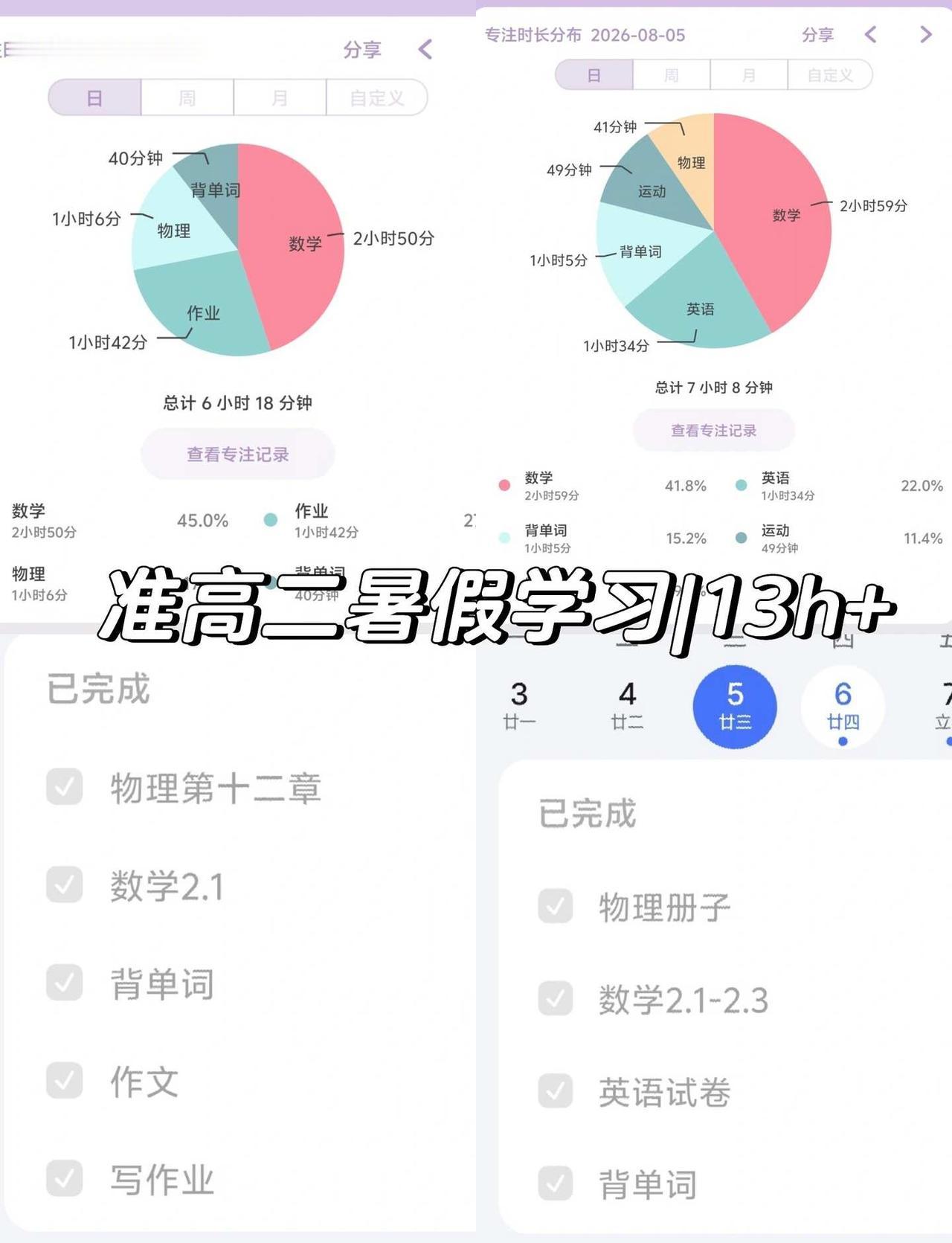 准高二暑假学习|13h+
最近学习时长有在努力增加！数学学到直线和圆了，这一周学