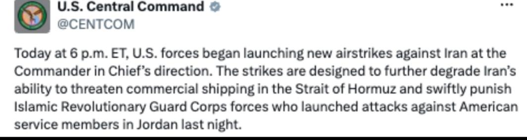 美国正在对伊朗进行反击，此前伊朗对驻约旦美军发动了致命袭击。
美国中央司令部表示