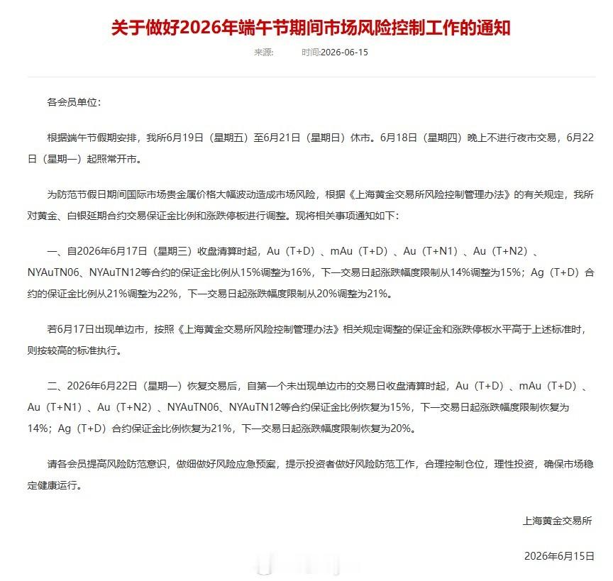 上海黄金交易所：自2026年6月17日（星期三）收盘清算时起，Au（T+D）、m