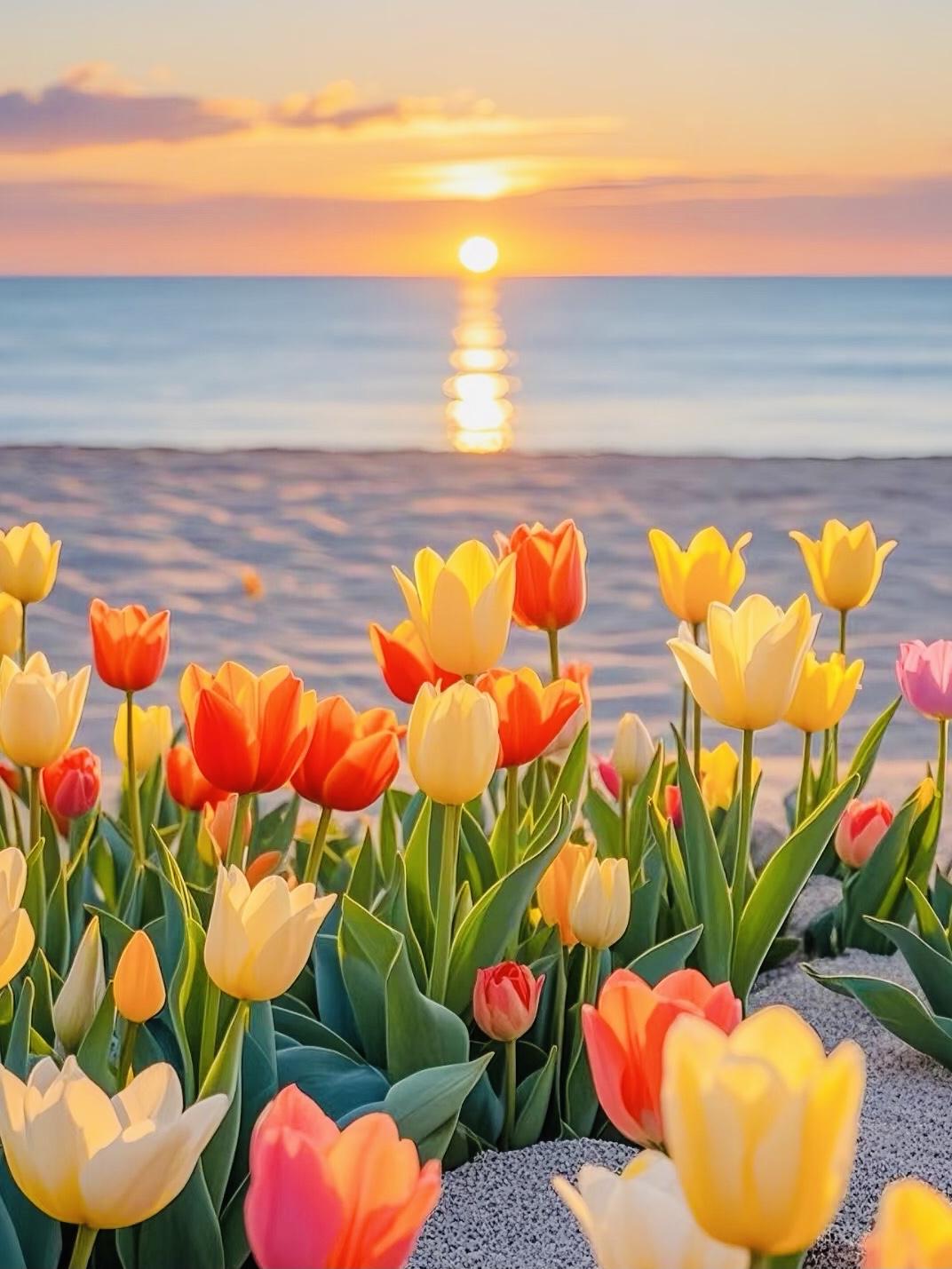 夕阳下，
海边盛开的郁金香，
简直美到犯规。
花瓣薄如蝉翼，
却稳稳托住整片夕阳