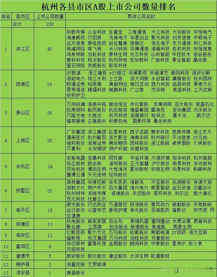 杭州市A股上市公司截止2024年年底一共有228家，在国内应该是上市公司最多的城