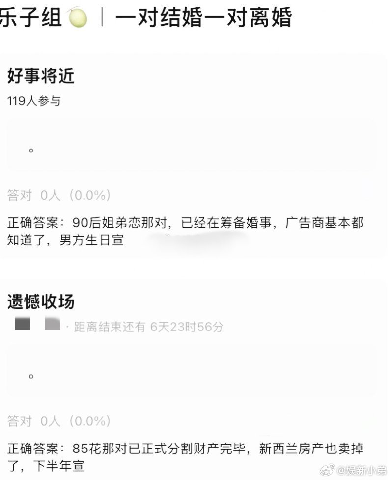 曝85花离婚分割财产完毕离一对 结一对 