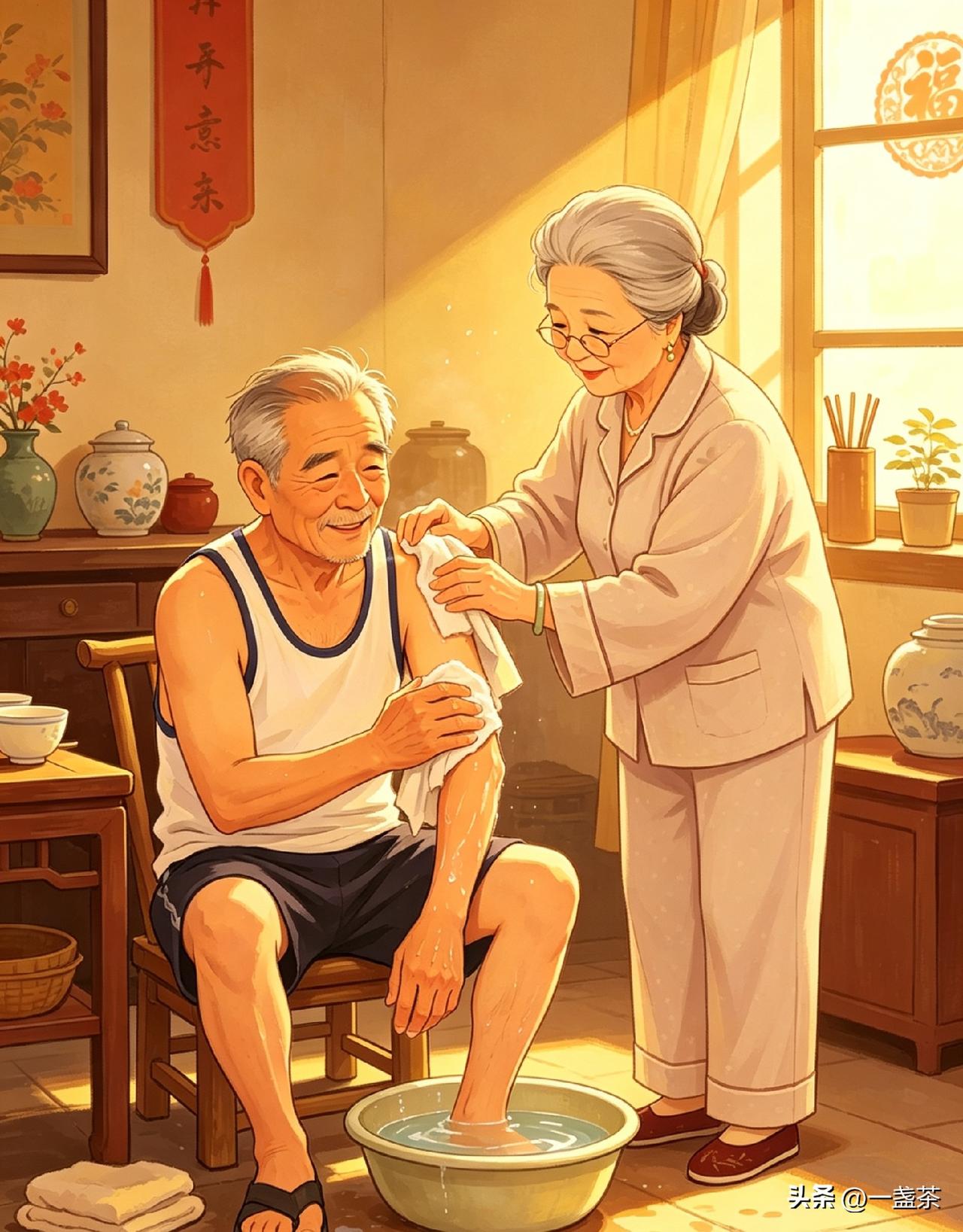 中午睡醒觉给老头做好油桃酸奶，等他吃完我说:“休息五分钟一会儿给你冲个澡。”
 