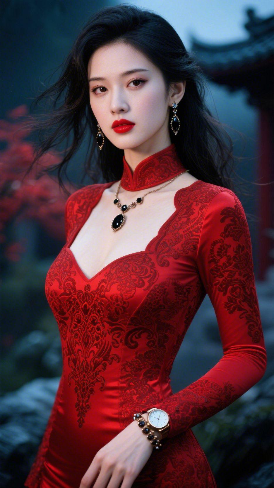 红裙倚檐，雾笼闲光
 
晚雾轻漫黛瓦飞檐，她立在阶前，一身红裙似浸了秋山的枫色，