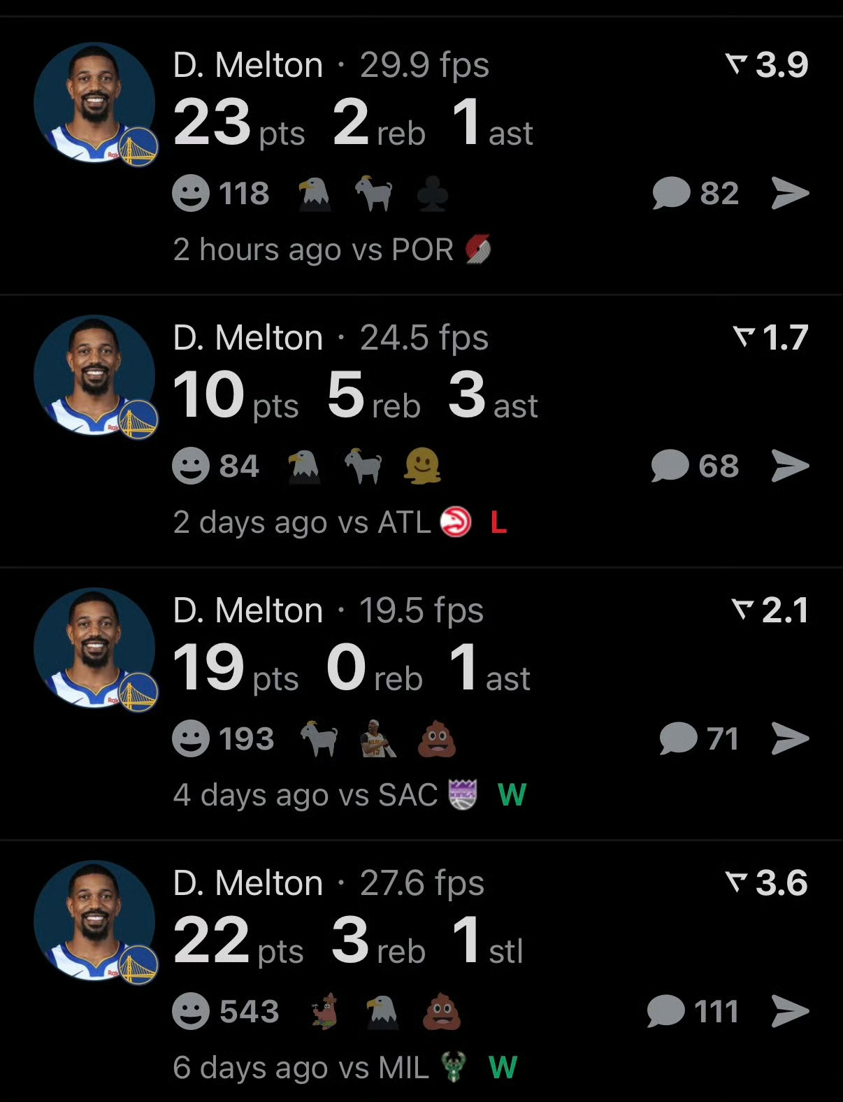 最近几场比赛的梅尔顿：厉害！请继续保持下去！！！勇士战胜开拓者