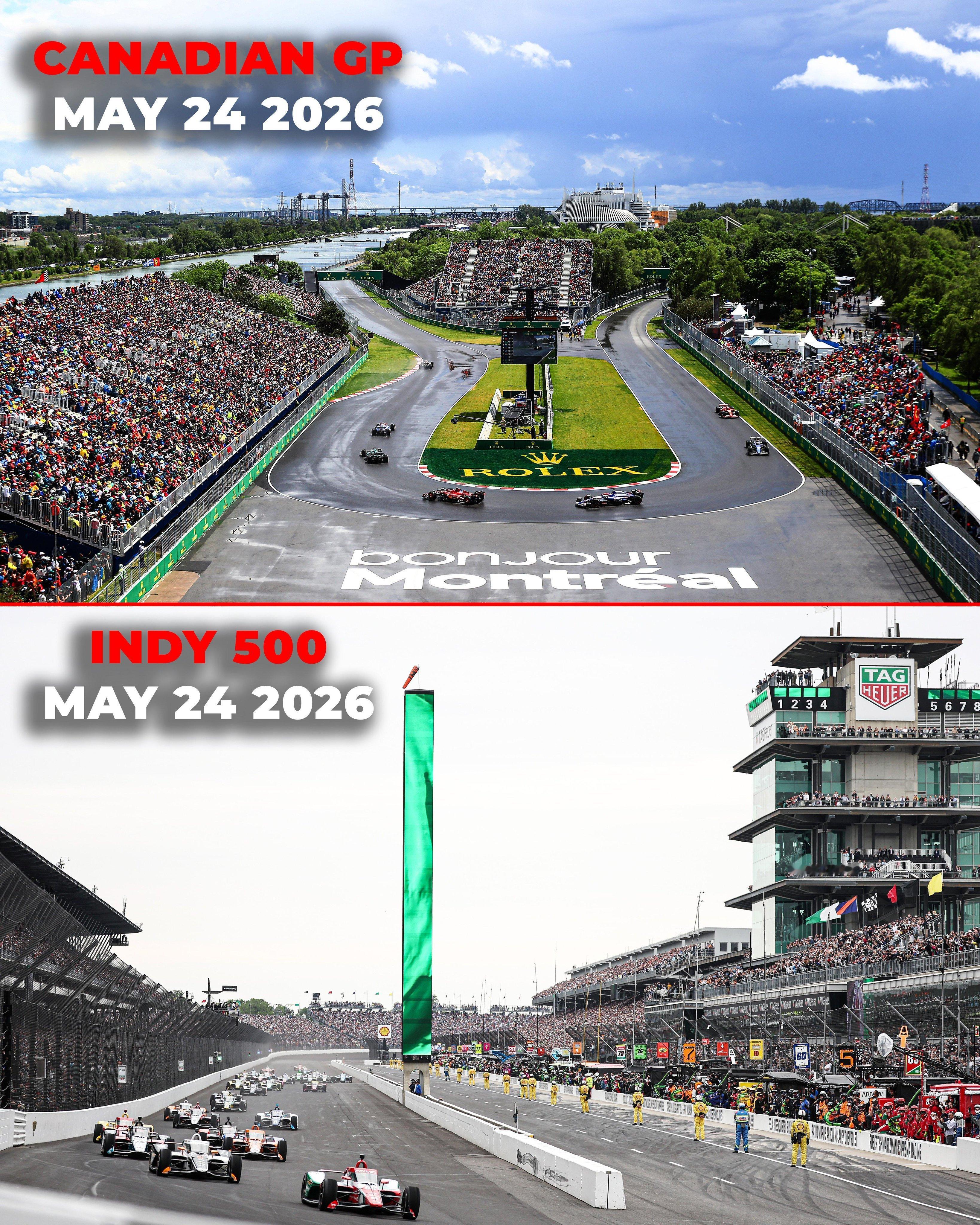 明年加拿大大奖赛与Indy500正赛是同一天，由于都在北美地区，比赛时间还有重叠