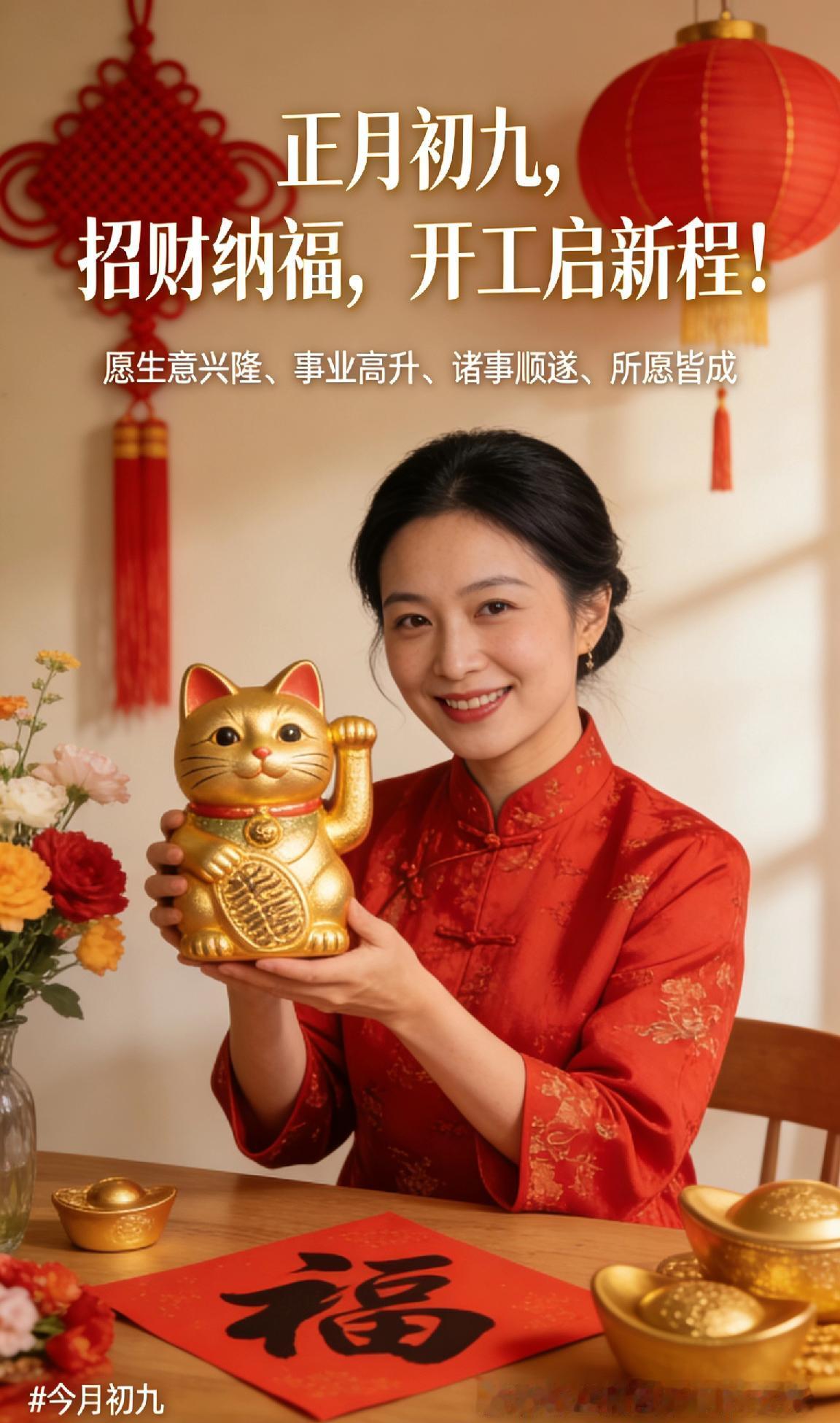 正月初九，招财纳福，开工启新程！迎着新春喜气，奔赴新一年的美好，愿生意兴隆、事业