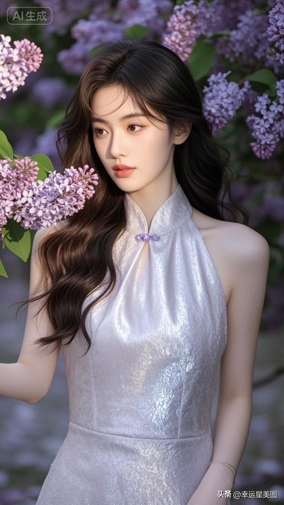 这位小姐姐穿着紫色礼服，站在花丛前。
