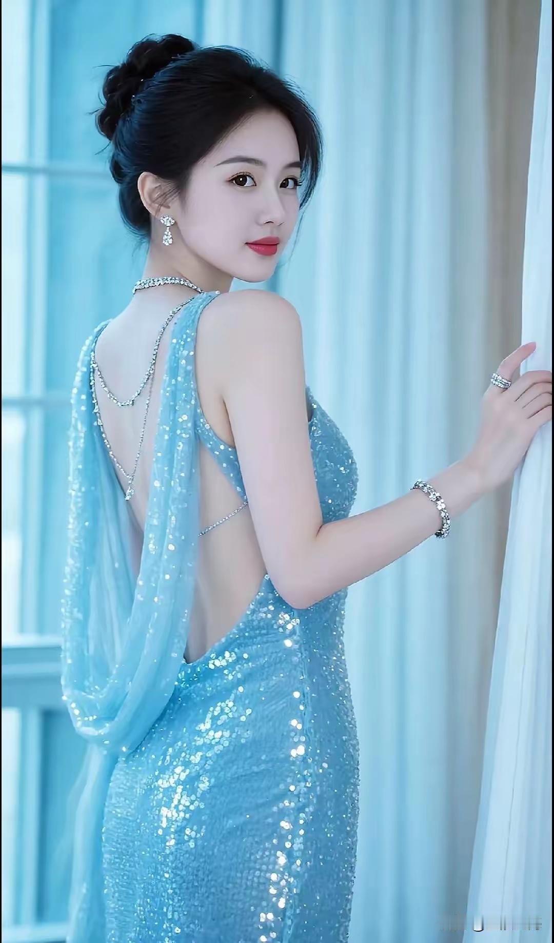 梦幻蓝光下，闪耀的晚礼服与优雅的侧影，尽显高贵与神秘。