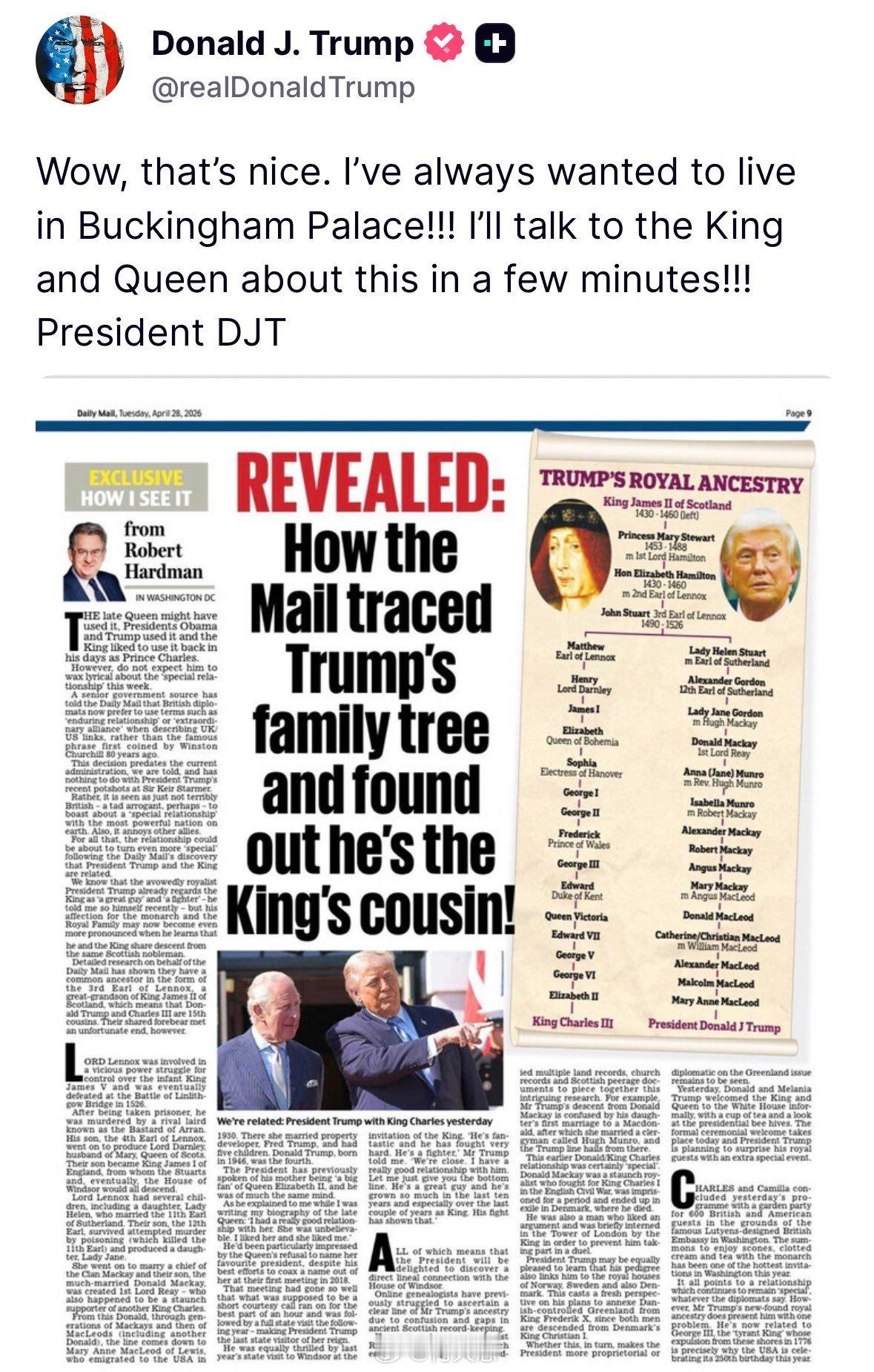 特离谱:我一直都想进驻白金汉宫!!!我将在几分钟内与国王和王后谈谈这件事!!!海