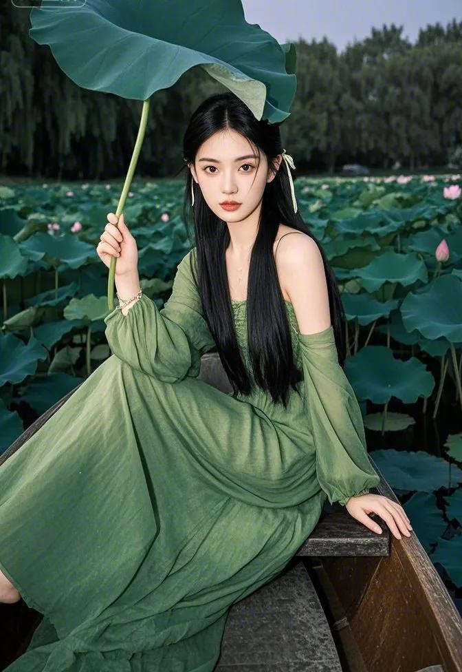 暮色轻笼的荷塘，她乘一叶扁舟静卧其中。一袭翠绿色长裙与满池荷叶交相辉映，手中擎着