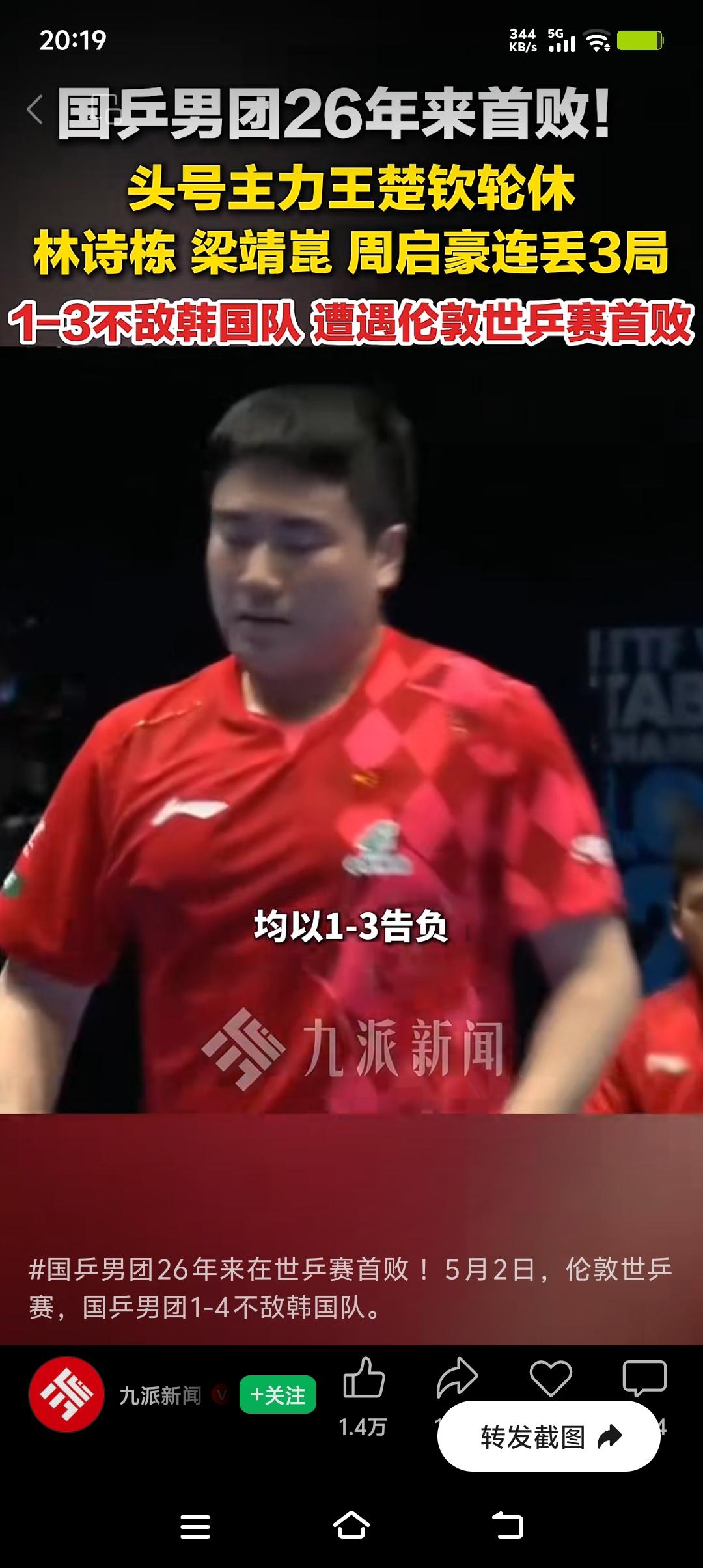 北京时间2026年5月3日凌晨，伦敦世乒赛男团小组赛爆出大冷门，国乒男团1 - 