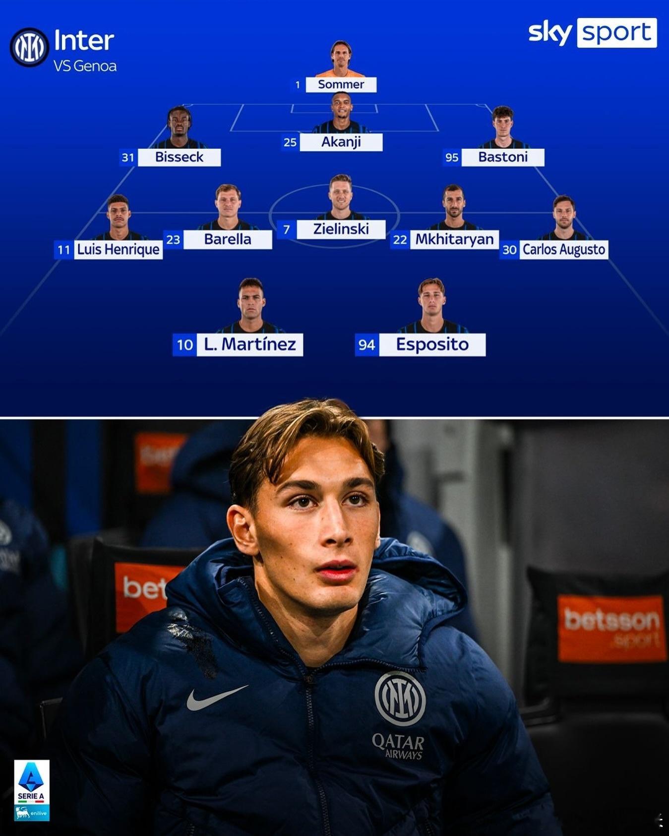 天空体育最新预测，国际米兰首发前锋从博尼换成皮奥，别的位置不变。国际米兰意甲热点