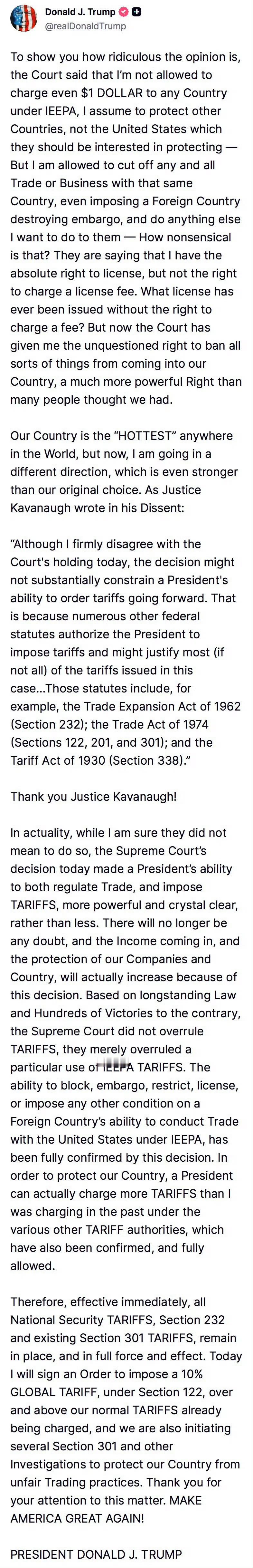 当地时间2月20日，美国最高法院以6比3的表决结果，裁决特朗普政府利用1977年