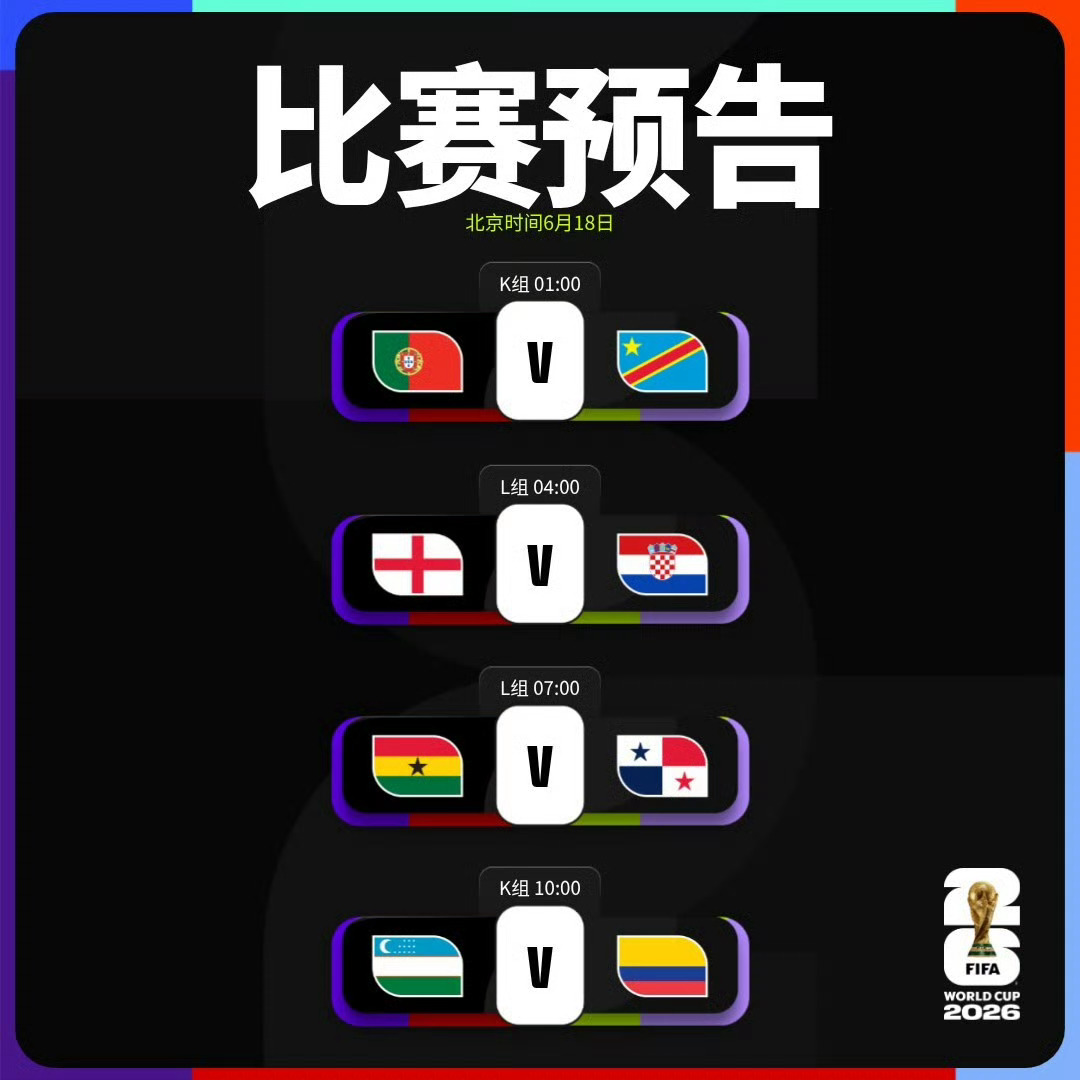 📌世界杯 小组赛第一轮比赛预告K组葡萄牙🆚民主刚果⏰北京时间6月18日01: