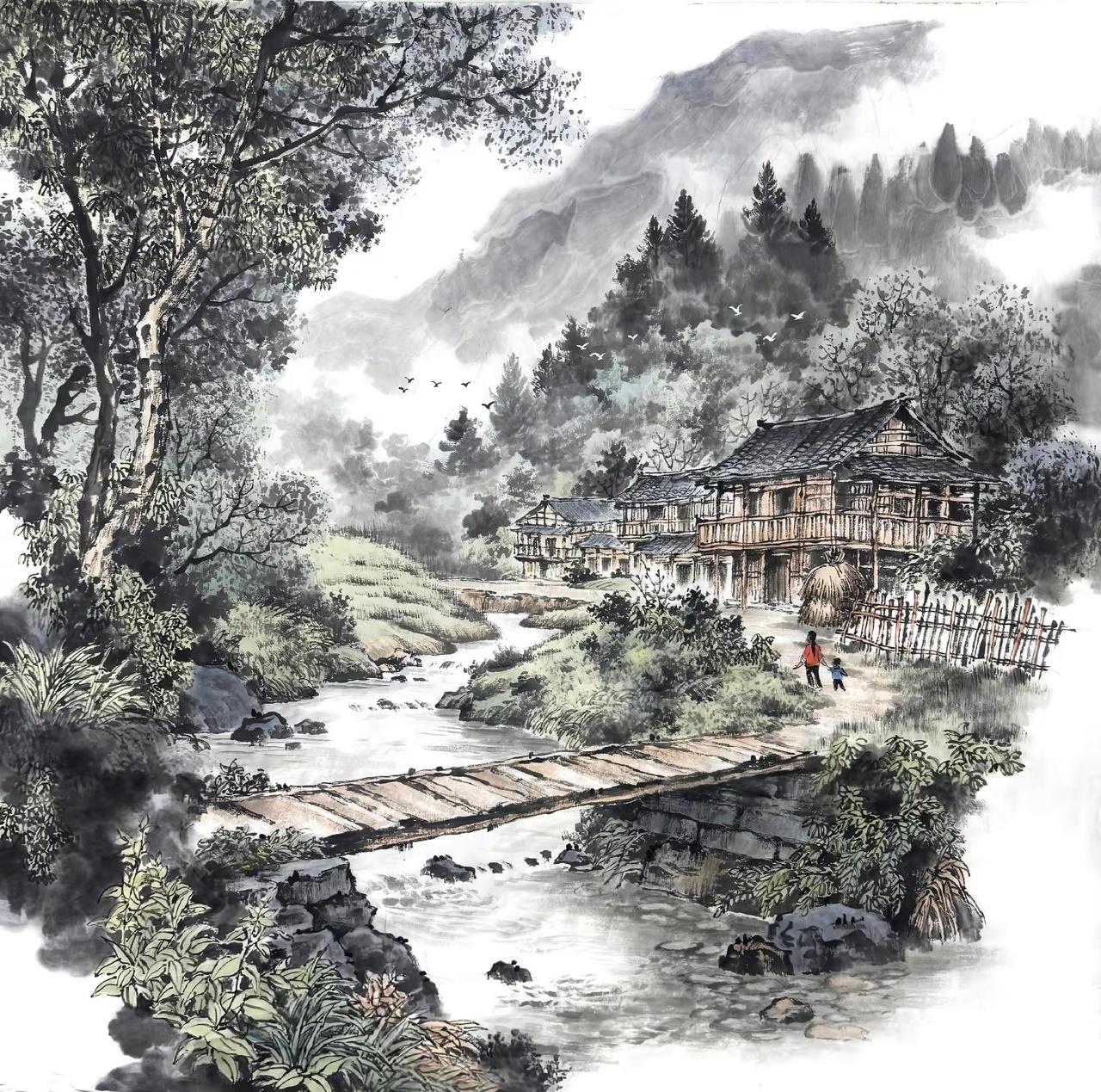 溪畔人家。手绘国画创作者中心 创作灵感 水墨山水意境 水墨村居 小桥流水水墨画 