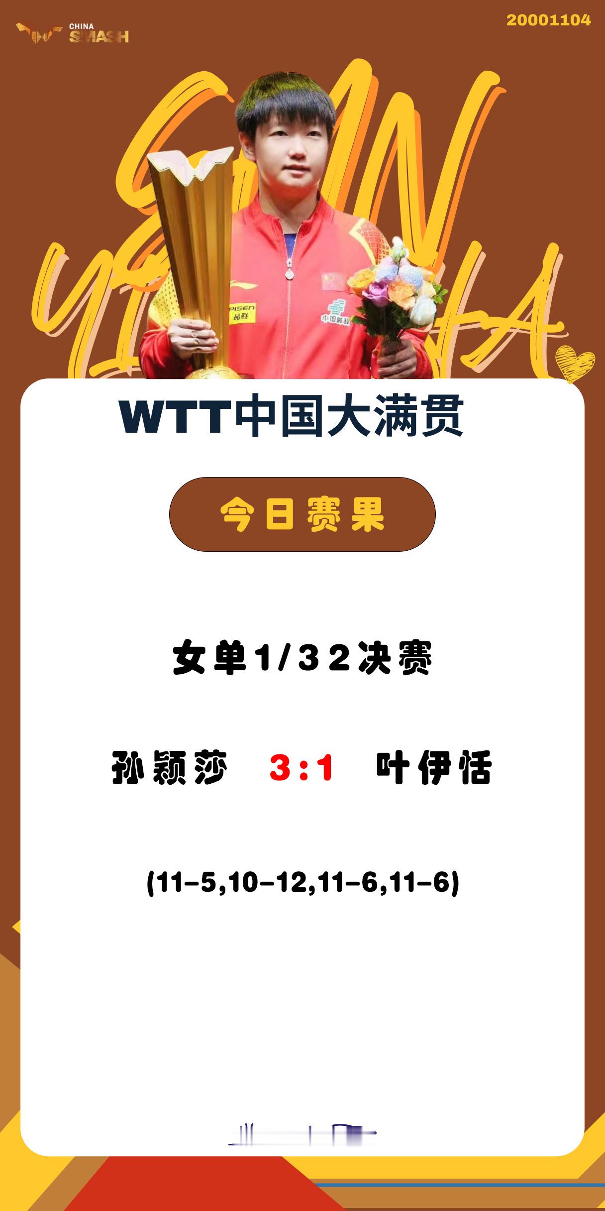 孙颖莎26岁生日快乐 ☀️孙颖莎1104生日快乐【今日赛果】女单1/32决赛孙颖